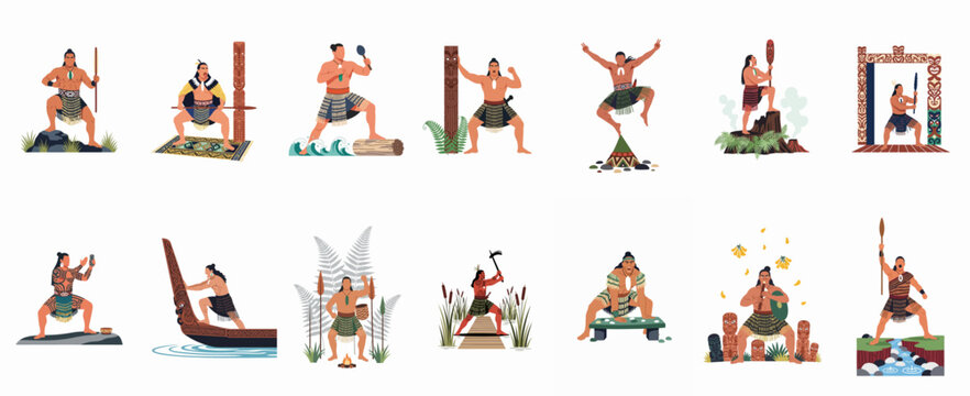 A comprehensive collection of Maori warriors in traditional poses and attire, illustrating the rich indigenous heritage and culture of New Zealand's Aotearoa.