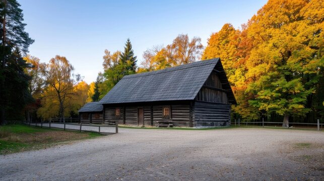 A rustic traditional wooden market house characterized by its weathered logs and textured roof is surrounded by the vibrant colors of autumn foliage in a forest setting bathed in soft sunlight