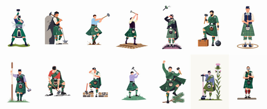 Collection of flat vector illustrations of Scottish men wearing traditional kilts and participating in Highland Games events, including hammer throw and weight lifting.