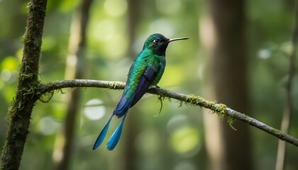 Fototapeta premium Hummingbird perched on a moss-covered branch in a lush green forest with hummingbird, wildlife