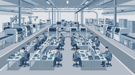 Obraz premium Modern factory floor with workers assembling electronic components at workstations alongside automated machinery and robotic arms, depicting efficient industrial production.