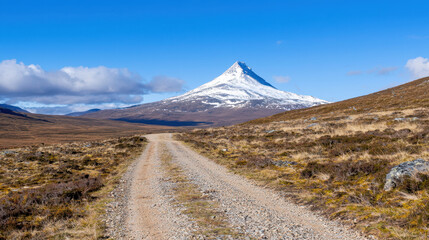 Obraz premium Scenic pathway meandering towards snow capped mountain under clear blue sky evokes sense of tranquility and adventure