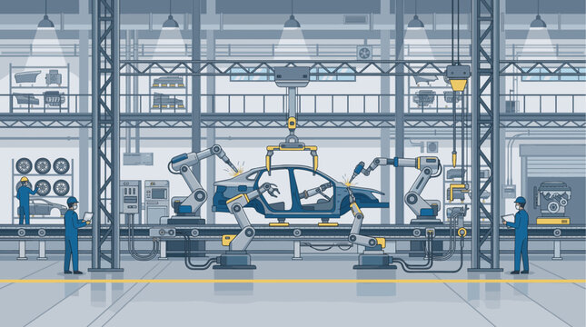 Modern car assembly line with robotic arms working on car chassis, and technicians overseeing the process in a clean, industrial factory setting.