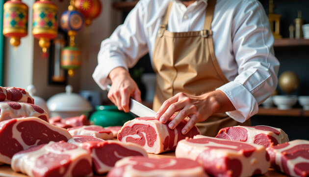Skilled butcher slicing meat in halal shop,  Eid al-Adha celebration
