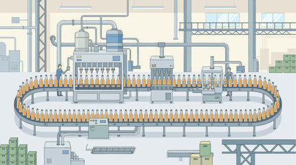 Naklejka premium An illustrated factory setting showcases a busy beverage production line with bottles moving along a conveyor belt and a filling machine in operation.