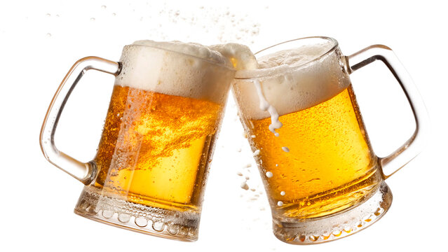 Two beer mugs clinking together with foam and bubbles in a celebration moment isolated on transparent background	