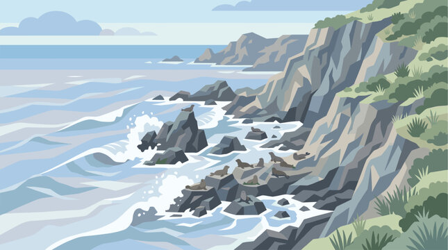 A stylized, vector illustration depicts seals resting on jagged rocks along a rugged coastline as ocean waves crash against the shore.