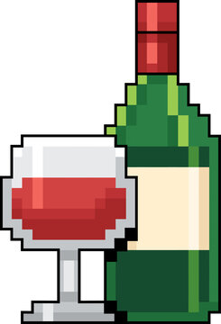 Pixel Art Wine Bottle and Glass Retro 8 Bit Drink Icon
