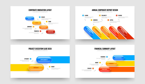 Visual Portfolio 4 5 2 3 Option Infographic Slideshow Template Collection. Financial Solution Four Five Two Three Element Diagram Slide Design Vector Illustration Set.