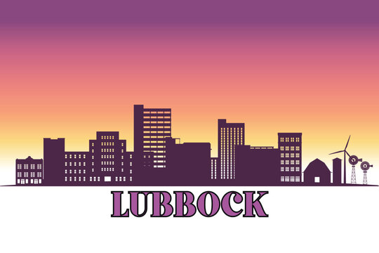 Global city Lubbock, Texas shown in a detailed vector skyline with a twilight sky