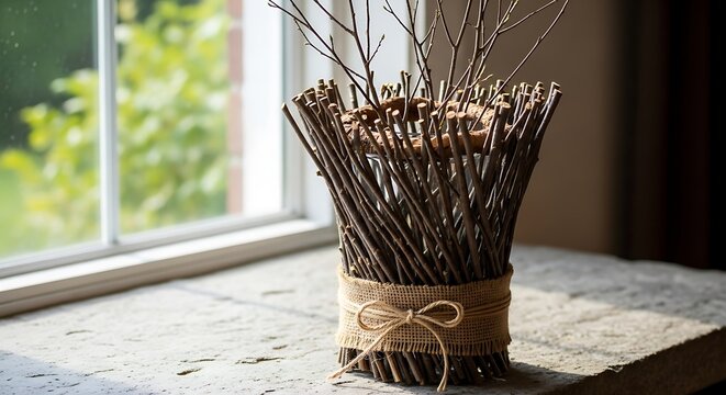 A decorative bundle of rustic twigs tied with a burlap ribbon sitting on a bright windowsill. illustration