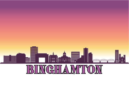 Binghamton, New York shown in a detailed vector skyline with a twilight sky