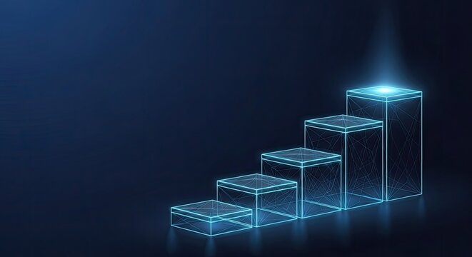 A glowing digital graph consisting of rising steps representing business growth success and financial progress in a modern corporate technology environment