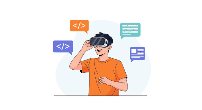 Young coder in VR headset explores virtual reality with code and website elements