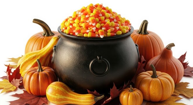 A cauldron overflowing with candy corn surrounded by pumpkins and autumn leaves, isolated on white background