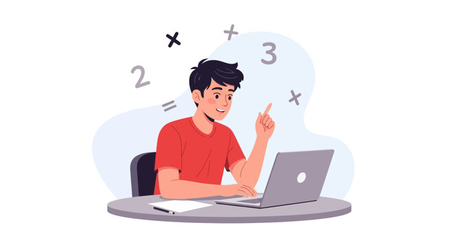 Young student learning math online, pointing finger, laptop, numbers and symbols