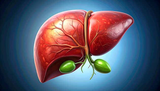 A detailed illustration of a human liver with attached gallbladders