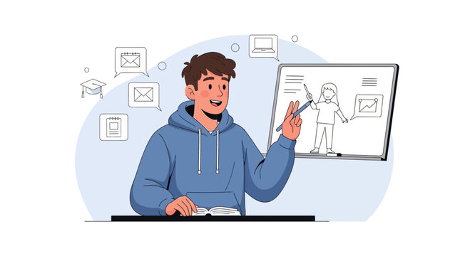 Young student presenting online lesson with digital whiteboard and educational icons