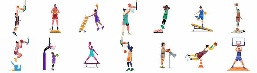 Flat Vector Illustration Collection of Diverse Basketball Players Practicing Various Skills, Training Drills, and Slam Dunks on a White Background. © Cristina