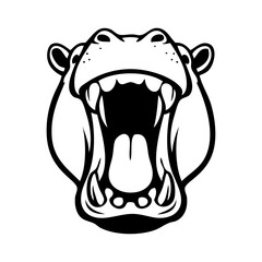 Logotipo con dibujo minimalista con líneas de la cabeza de un hipopótamo con la boca abierta enseñando los colmillos, vista de frente  © teracreonte