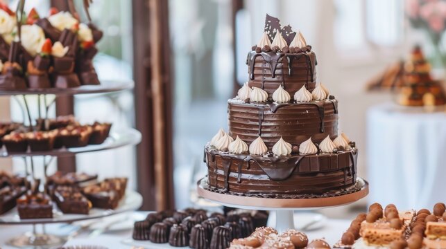 A beautifully decorated three-tier chocolate cake with white frosting sits on a stand. Surrounding desserts include chocolates and pastries on a table.