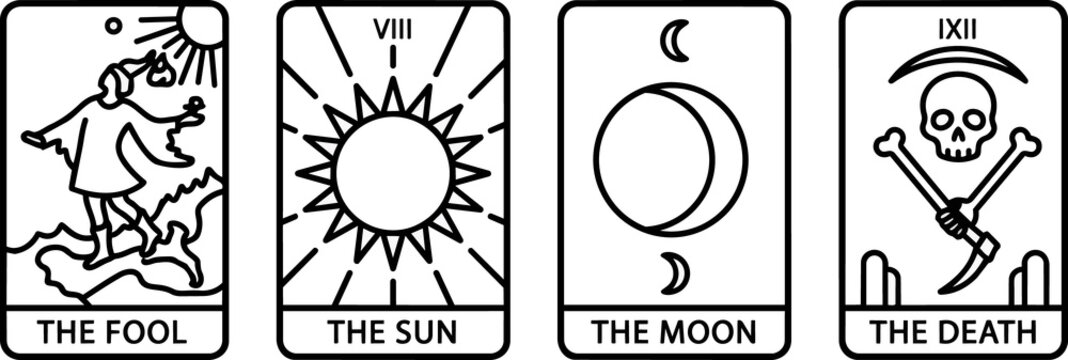 Tarot Card Quartet The Fool The Sun The Moon The Death.