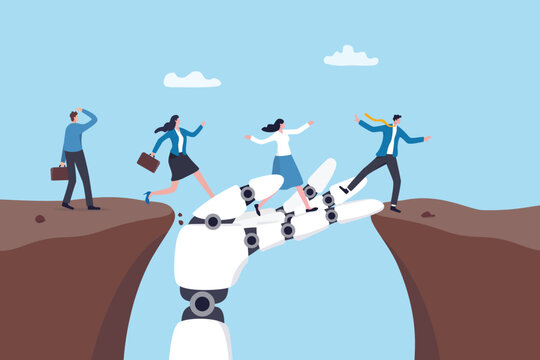 AI help close the skill gap to success, support employee with artificial intelligence to progress achieve business target, leadership guidance, business people walk on robot hand to progress the gap.