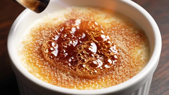 Culinary torch melting and browning sugar on a classic creme brulee dessert, creating a hard caramel topping in a white ramekin for a delicious gourmet experience in a professional kitchen