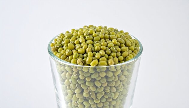 Glass bowl filled with bright green peas against plain white background, symbolic visualization of food, nutrition, and simplicity.