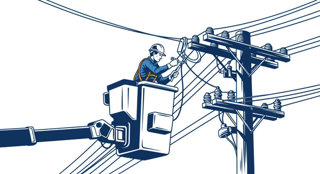 Lineman Working on Power Lines in Bucket Truck