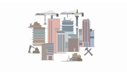 Naklejka premium Flat Style Building Construction Facades with Machinery Icons Modern Minimal Vector Illustration