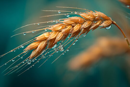 Closeup of golden wheat ear with morning dew drops on a teal background