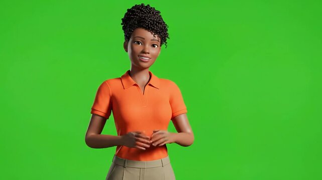 A simple and clean 3D animated female avatar in a orange shirt, presented on a green screen background. Perfect for presentations, explainer videos, or corporate animations.