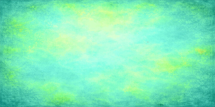 Vibrant abstract watercolor and grunge design features a colorful aged paper texture with a green and blue paint pattern on a vintage antique canvas backdrop