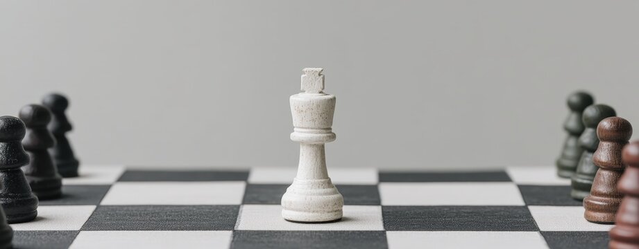 White King Chess Piece on Black and White Checkered Board with Opposing Pieces in the Background