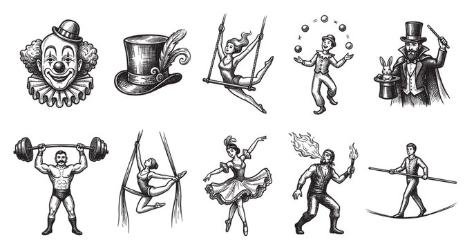 A vintage black and white illustration set featuring classic circus performers like a clown, magician, strongman, aerialist, juggler, and fire-breather, along with iconic symbols like a top hat.