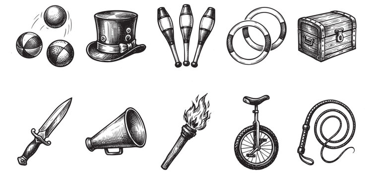 A collection of vintage circus performance items like juggling balls, a top hat, clubs, rings, and a whip, rendered in a classic black and white engraving style.