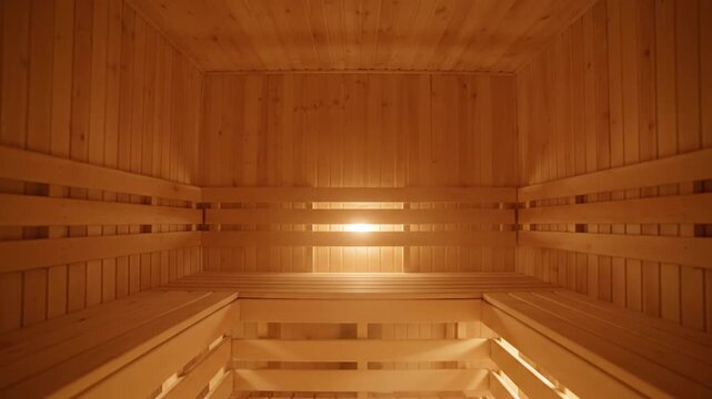 Modern wooden sauna interior with warm ambient lighting