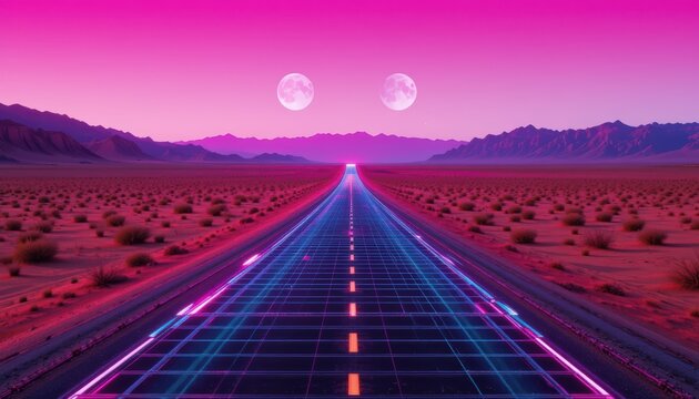 Glowing Digital Grid Road In Desert Under Twin Moons And Pink Sky