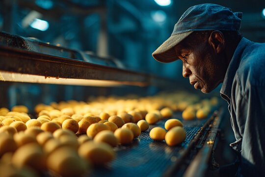 A focused worker inspecting fresh mangoes on a factory conveyor belt