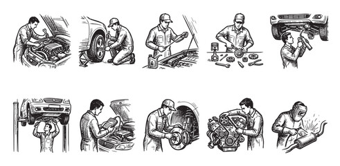 Fototapeta premium A collection of ten hand-drawn line art illustrations depicting various car repair and maintenance tasks performed by mechanics in a workshop.