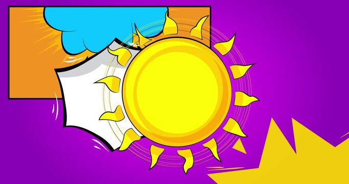 Cartoon Sun, comic book summer video. Retro comics pop art design animation.