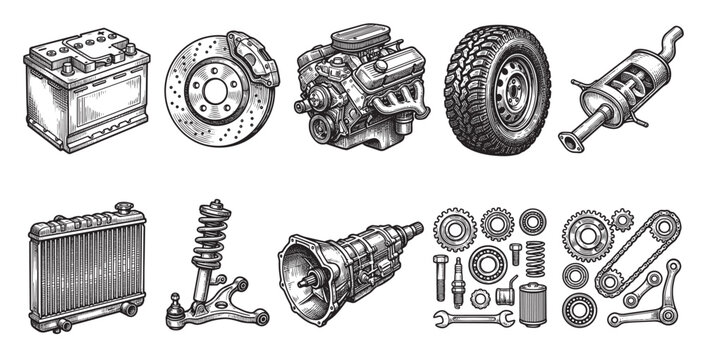 A collection of detailed black and white engravings of various car parts, including an engine, battery, tire, brake disc, and transmission, arranged against a white background for commercial use.