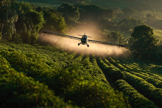 Aerial crop dusting of a coffee plantation at sunrise