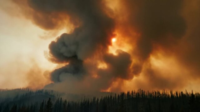 Dramatic wildfire smoke billowing over forest during sunset  