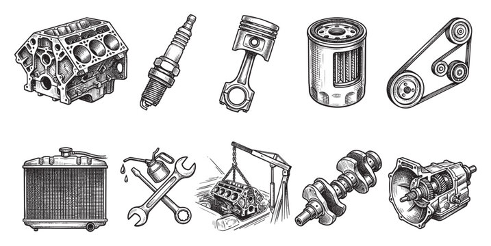 Detailed ink drawing of automotive engine components including a block, piston, crankshaft, and radiator against a white background for clear use.