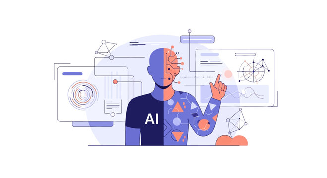 Artificial Intelligence Humanoid Figure with Digital Brain and Data Visualization