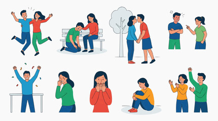Fototapeta premium Depicting varied human experiences, showcasing a collection of illustrations of different emotional moments and interactions. Each scene captures a different facet of the human experience