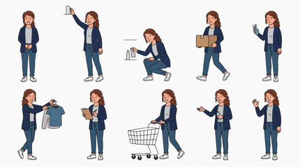 Obraz premium A set of illustration of a woman in various actions, demonstrating a diverse range of activities. The collection of illustrations portray her in everyday scenarios, such as reaching, holding.