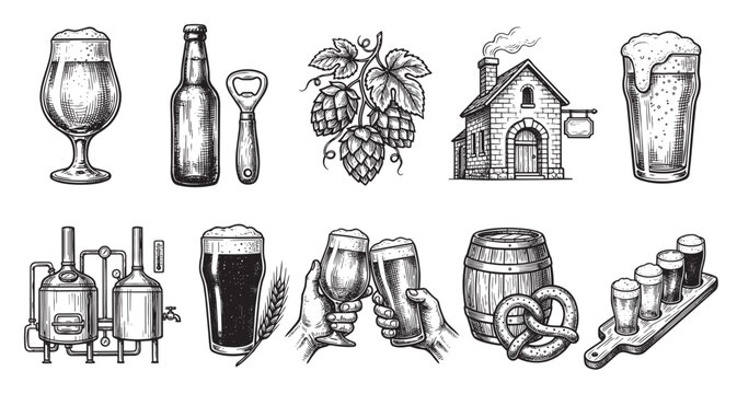 A detailed black and white engraving illustration featuring various vintage beer-related items like glasses, bottles, hops, a brewery, barrel, pretzel, and tasting flight.